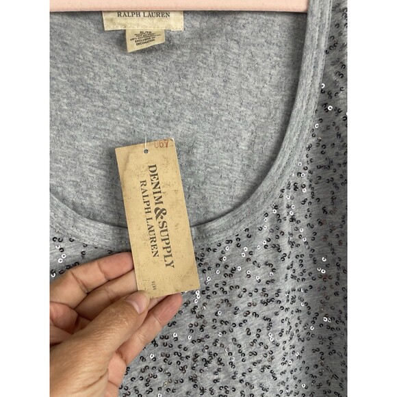 DENIM&SUPPLY RALPH LAUREN Silver SEQUIN T Shirt Women Size XL Holiday Metallic - Picture 5 of 10